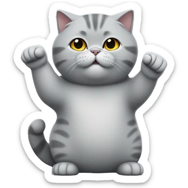 grey fat British shorthair cat raising its right hand  sticker