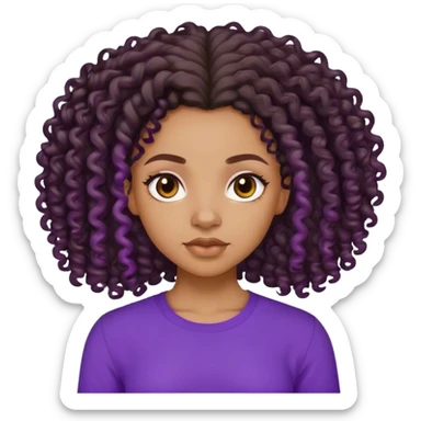 A lightskin black girl with  long 4a curls and purple shirt sticker