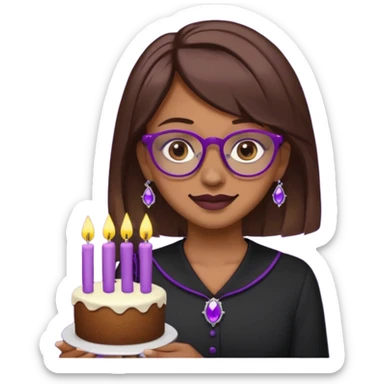 Cute ironic emoji woman, RIP 20’s theme.
Brown medium hair, grey eyes, purple glasses, nose piercing, tooth gem.
Black mourning outfit, cake with 29 candles.
Dark-cute minimal style, flat emoji design, clean lines.
Transparent background. sticker