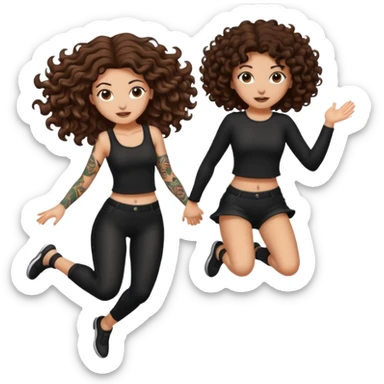 cauldron burst — long wavy brown hair tattooed woman and short tight curly brown hair woman — jumping back sticker