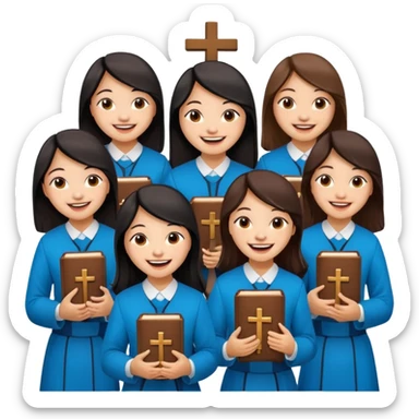 eight asian girls laughing with each other holding bibles and crosses and sticker