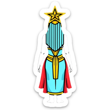 back view of Anunnaki goddess Inanna with detailed ceremonial robes and star symbols sticker