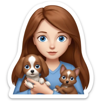 long hair chestnut color blue eyes woman holding small grey dog sticker