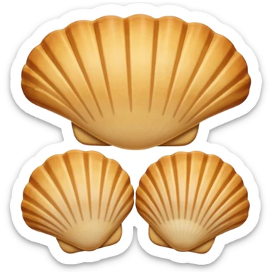 A madeleine pastry. Oval seashell shape with ONLY four to five vertical lines going in the same direction. Light golden brown. Scalloped edge. Cookie. Flat. Long. Oval shape. Lets scallops. Only four or five scalloped lines. Oblong shape. More length. Less roundness. sticker