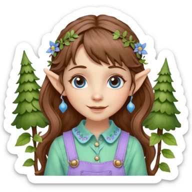 Kind happy whimsical quirky Girl toymaker, wood carving elf. Woodland nature creator. Blue eyes. brown hair (just below chin length) wavy hair & bangs. Whimsical playful cute. Overalls with nature embroidered cute shirt collar. Light green, light purple and light blue colour aesthetic  sticker