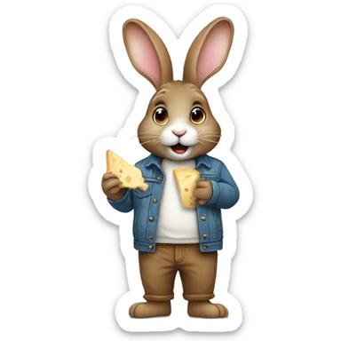 Cute rabbit: a brown rabbit wearing a jeans jacket. Eating a gorgonzola cheese sticker