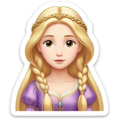 Cinematic Serene Rapunzel Portrait Emoji, rendered in a simplified vector style. Depict a gentle Rapunzel (chest and above) with delicate porcelain skin and long, shimmering golden hair, her expression calm and reflective, dressed in her traditional attire. The image is imbued with a soft, luminous glow and a subtle glowing outline. sticker