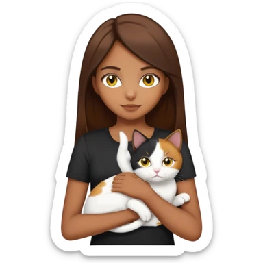 Brown straight-haired girl wearing black top with a pure white cat with yellow eyes and a calico cat sticker