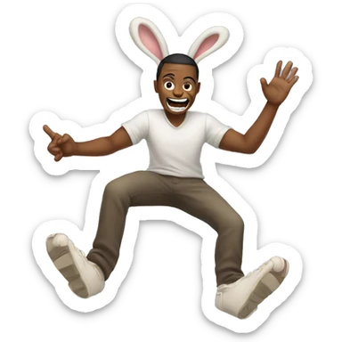 Human with rabbit teeth with feet kicking in the back and hands holding up his face sticker