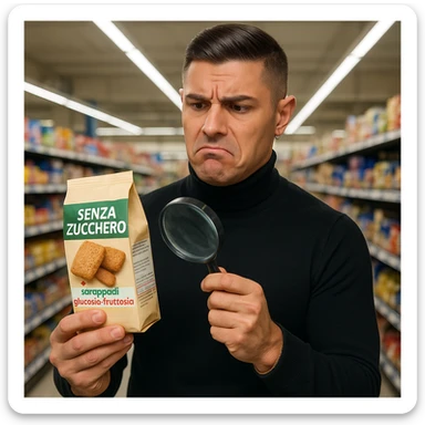 Supermarket, man like the reference, holding 'SENZA ZUCCHERO' product, ingredient list shows 'sciroppo di glucosio-fruttosio' in bold red, confused, floating magnifying glass, hyper-realistic, harsh fluorescent light. Variant 6. sticker
