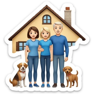 a mom and dad standing in front of a house with their son and a dog next to them sticker