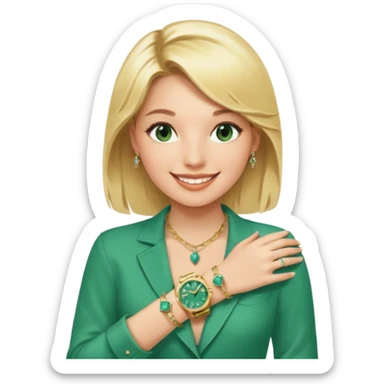 Breitling green faced watch on blonde girl wrist with gold necklace from a Tiffany and gold bracelets sticker
