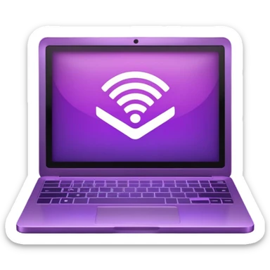 Minimal purple icon: a glowing laptop with a book icon on its screen and a Wi-Fi signal above. Flat style, gradient. sticker