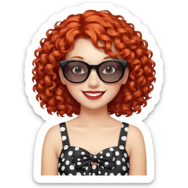 young fashionable woman, curly red hair, wearing a polka dot dress and sunglasses, cheerful expression sticker