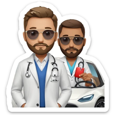 White tesla model 3 and one cool physician with dark blond hair, beard, stetoscope and dark sunglasses next to it sticker