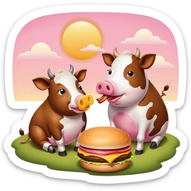 Cow eating a cheese burger sitting next to a pig eating a piece of bacon while watching the sunset sticker
