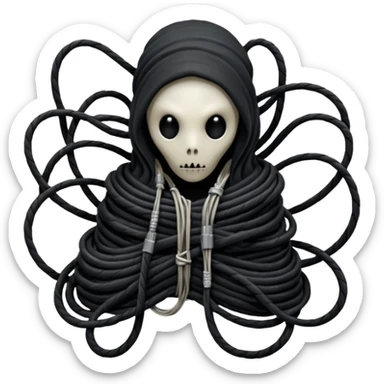 tangled black cables creating an occult creature covered in black rags and bondage, Giger style sticker