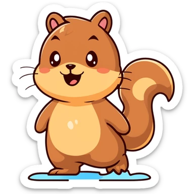 Cartoon squirrel with light brown fur, pointy ears, bushy tail, chubby cheeks with a large puddle of drool dripping from wide open mouth, extremely hungry sticker