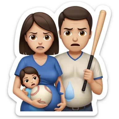 A angry brunette man holding a baseball bat towards a brunette pregnant woman who is crying sticker