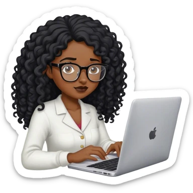Black girl pretty with glasses and long curly hair black trying to work on laptop sticker