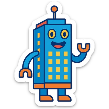 a smiling robot with a body shaped like a skyscraper sticker