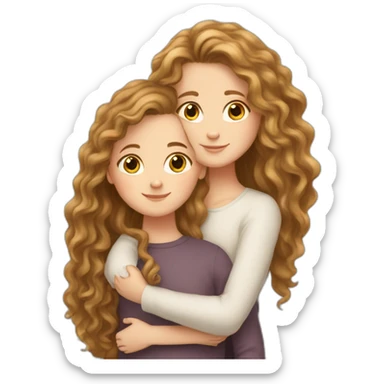White girl with long brown curly hair hugs white girl with light brown straight hair  sticker