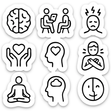 Mental Health icon set. Wellness and psychology related line icons: brain, therapy, stress, support, self-care, mindfulness, meditation, depression, counseling and emotion . Editable stroke.
 sticker