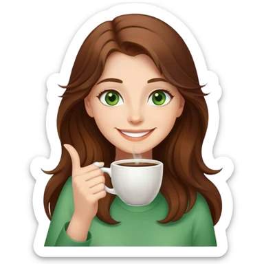 Long, Brown haired girl with green eyes drinking coffee, smiling and waving sticker