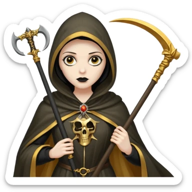 woman grim reaper in a gold cloak with scythe sticker