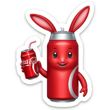 Red soda can as its head and a body resembling a bottle can . The can has large, friendly eyes and a smiling facial expression. The character’s bunny long ears are also red, and it has sliver accents on either side. The body displays the Coca-Cola logo prominently. sticker