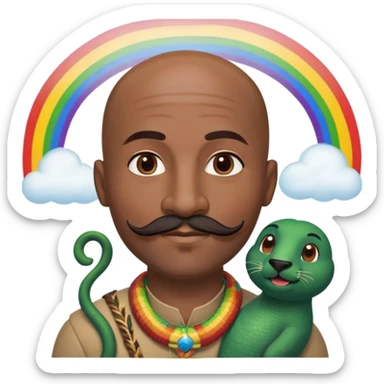 Oxumarê as a happy 37-year-old bald man with very dark skin tone, smooth oval head, indigenous facial features, mustache with circular beard only on chin (no hair on sides), a round mole on the right side below the lip, accompanied by a rainbow serpent, Memoji style sticker