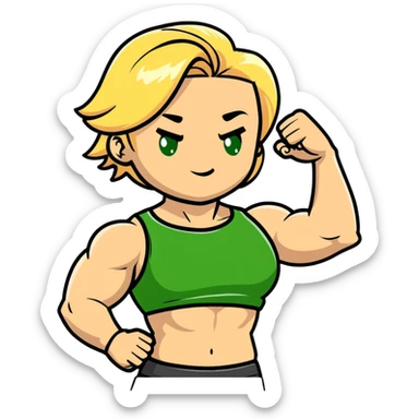 muscular white girl with blonde hair and green eyes, flexing 6 pack abs and one arm bicep sticker