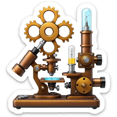 science, chemicals, mechanical gears, steampunk, electronics, electric wires, light bulbs, resistors, ic, physics, microscope, nuclear model, radioactivity sticker
