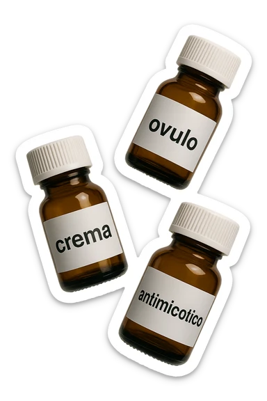 boccette di farmaci fluttuano in aria con le scritte: crema, ovulo o antimicotico in italiano sulle etichette, IPERREALISTICO 4K sticker