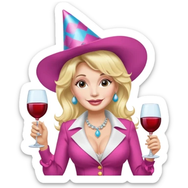 Dolly Parton with a huge glass of wine on a bachelorette trip sticker