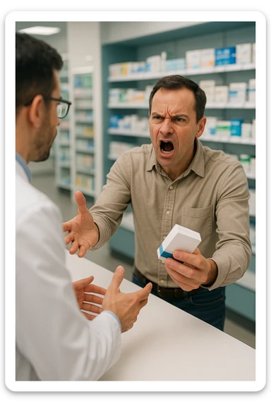 Cinematic Frustrated man at pharmacy counter demanding immediate pain relief medication, expression of impatience wanting instant symptom elimination, ignoring pharmacist's questions about underlying causes, grabbing prescription bottle eagerly, symptom suppression taking priority over healing, modern medicine aisle promising quick fixes for complex health problems" in italiano sticker