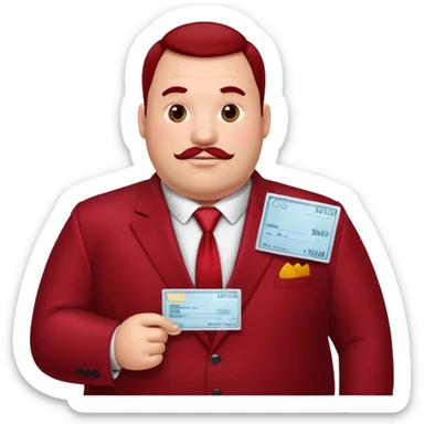 big fat guy bold head in dark red velvet suit holding cheque sticker