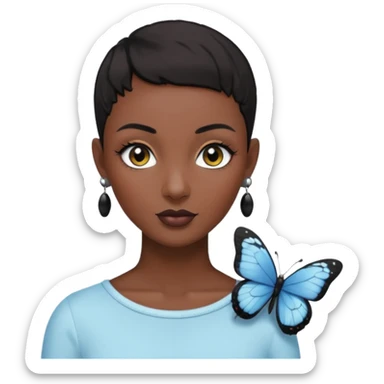 Lady with black buzz cut hair and lashes wearing 4 black earrings holding white butterfly sticker