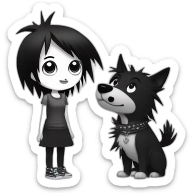 a dog and a girl with black spiky hair looking at each other in style of ((sarah andersen)), black and white sticker