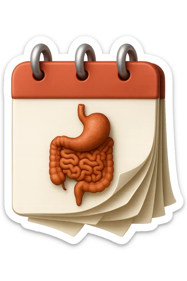 emoji stile iphone di un calendario con fogli che volano insieme a pezzi anatomici di colon umano, iperrealistico 4k, isolato su sfondo bianco sticker