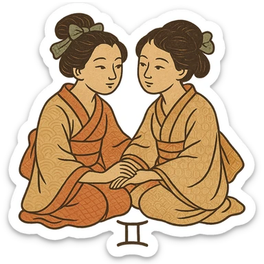 ukiyo-e style gemini twins, traditional Japanese illustration sticker