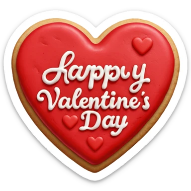 Heart-shaped cookie with red icing emoji, write 'happy valentine's day' on top of the red icing in white icing sticker