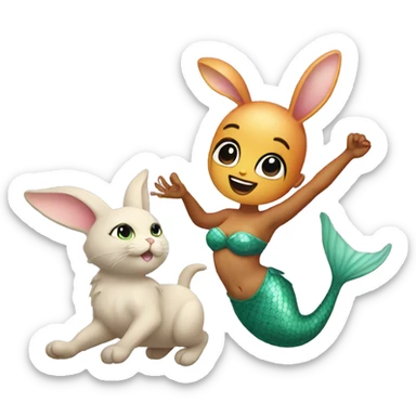 A bunny mermaid dancing with a cat sticker