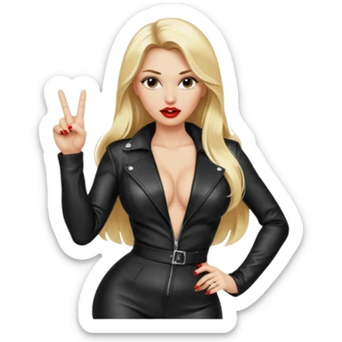 a hott good looking blonde with large breasts, red lips, and long blonde hair with leather sexy outfit and leather high heel boots and she is saying fuck you by giving the universal sign with her middle finger sticker