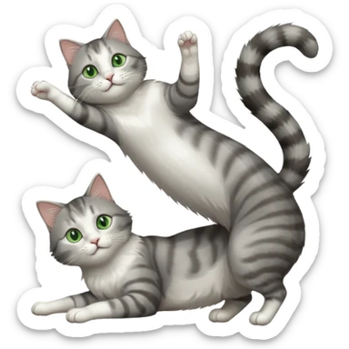 grey and white cat with green eyes doing a big extremely long stretch reaching up into the air with arms and legs side by side together straight and overextended whilst lying on its side sticker