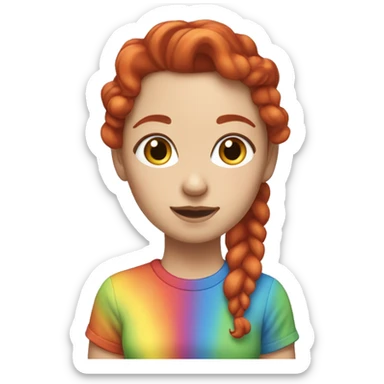 "A white woman with lengthy red curls in a ponytail, wearing a rainbow cat shirt, being cute." sticker