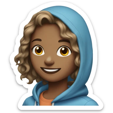 girl with shoulder length wavy hair and brown eyes smiling in a blue hoodie sticker