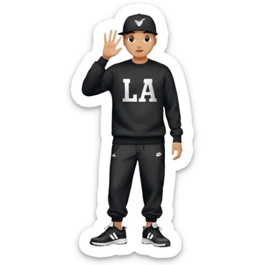 Crea Un Emoji De Cuerpo Completo Que Sea Hombre Con Corte Alucin Que Tenga Gorra Nike, Suéter Negro Que Tenga La Letras LA El La Parte Del Corazón, Zapatos Adidas Con Una Palomita✅, Pantalón Ancho O Bellaco Con Unos Diseños De Palomas Blancas Y Asiendo Una Pose Con Su Mano Que Sea Está 🤙🏽. sticker
