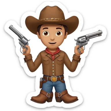 A young cowboy with oversized boots, excited expression, and a tiny toy revolver.
 sticker