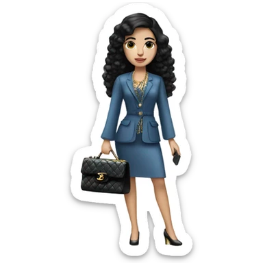 Spanish girl,black hair,blue eyes,standing,fashionably dressed,carrying a chanel bag sticker